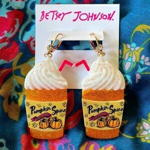 Brand New Betsey Johnson Pumpkin Spice Latte Drop Earrings Fall Sparkle Glitter